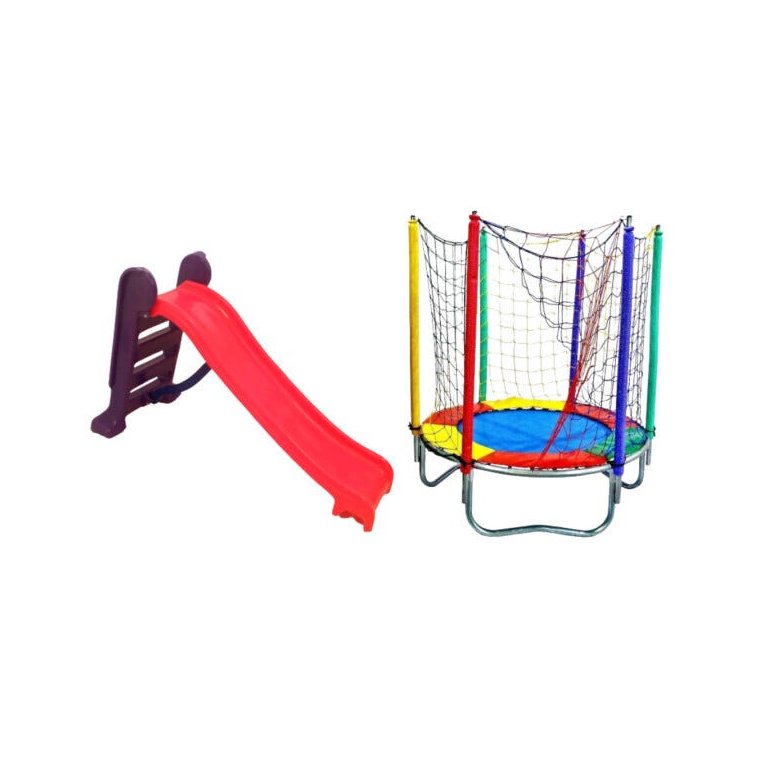 Kit Rosa Cama Elástica 1,50m + Escorregador Médio 3 Degraus