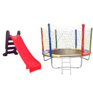 Kit Rosa Cama Elástica 2,3m + Escorregador Médio 3 Degraus