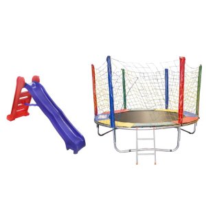 Kit Azul Cama Elástica 2.50M + Escorregador Grande 4 Degraus