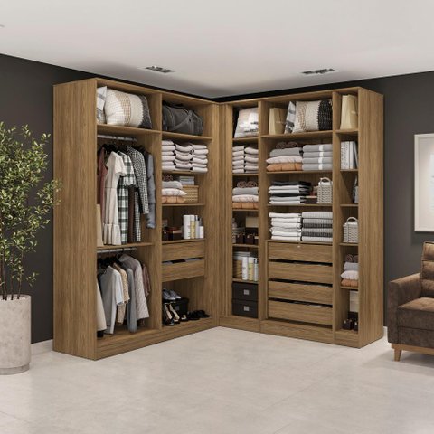 Closet Casal Modulado Adpat em L 6 Gavetas 5 Peças 222cm x 205cm Nogueira - Kappesberg