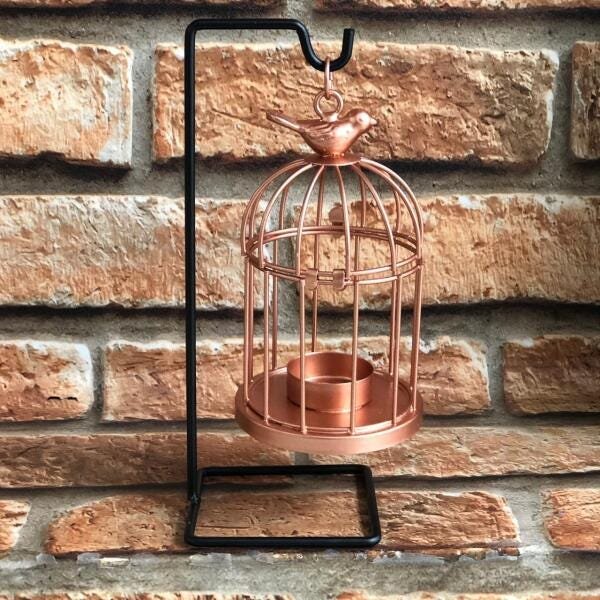 Castiçal Decorativo Gaiola com Pássaro - Rosé Gold - 2