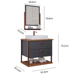 Gabinete para Banheiro com Cuba e Espelheira 60cm em MDF Uni MGM Marrom Cinza - 3