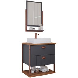 Gabinete para Banheiro com Cuba e Espelheira 60cm em MDF Uni MGM Marrom Cinza - 1