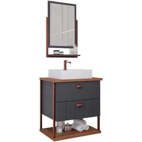 Gabinete para Banheiro com Cuba e Espelheira 60cm em MDF Uni MGM Marrom Cinza