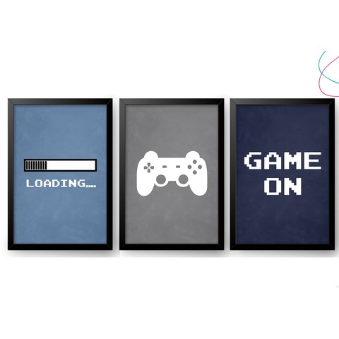 Kit 3 Quadros Decorativos Game On Video Game Vidro Moldura:preta