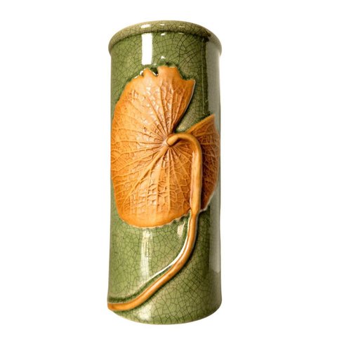 Vaso Cilindrico Porcelana Craquelada Verde Folha em Relevo 30cm Columbus Gold