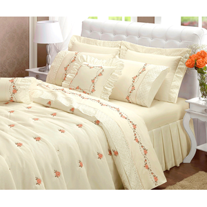 cobreleito cama queen 6 peças todo bordado colcha queem bouquet buque palha luxo