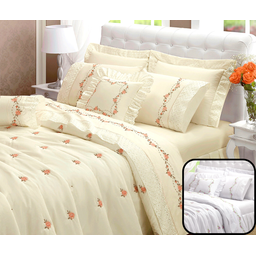 cobreleito cama queen 6 peças todo bordado colcha queem bouquet buque palha luxo - 2