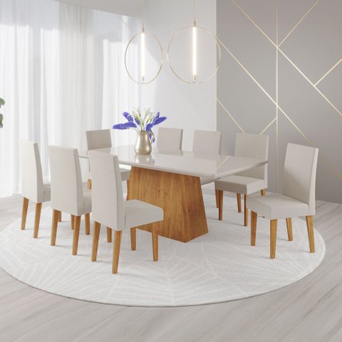 Mesa de Jantar 8 Lugares Bariloche com Vidro Mel/off White/marim - Panorama Móveis