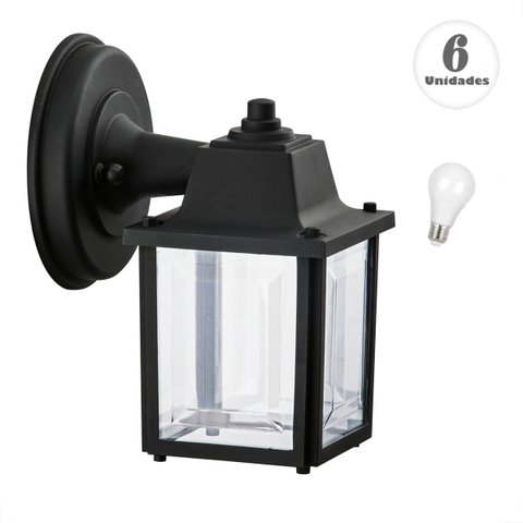 6 Arandela Externo Industrial Preto Alz17 + Lâmpada Ali48