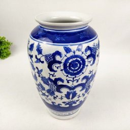 Vaso Decorativo Azul e Branco 30x18cm Porcelana Floral - 3