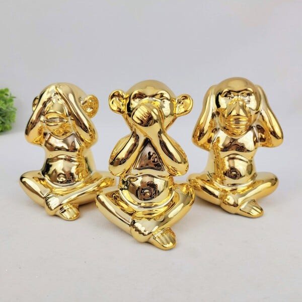 Macaco Sentidos Dourado Não Ouço Não Falo Não Vejo Kit 3pç - 6