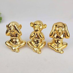 Macaco Sentidos Dourado Não Ouço Não Falo Não Vejo Kit 3pç - 3