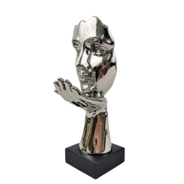 Enfeite Estatua Face Mão No Queixo Prata 31x11x15cm Escultur - 1