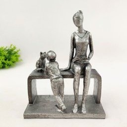 Enfeite Mae e Filho Gato Banco Prata Decoração 21x16x8cm - 7