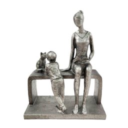 Enfeite Mae e Filho Gato Banco Prata Decoração 21x16x8cm - 1
