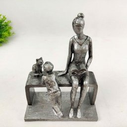 Enfeite Mae e Filho Gato Banco Prata Decoração 21x16x8cm - 6