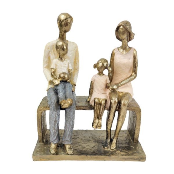 Escultura Família Decorativa em Resina Dourada Sentada no Banco - 1