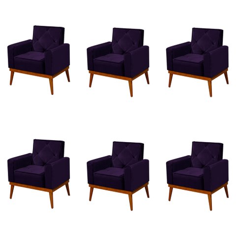 Kit 6 Poltronas Decorativa Florença Pés em Madeira Maciça Estofado Veludo - Berinjela