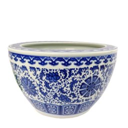Vaso Cachepot Jardim Floral Branco e Azul 40x28cm Borda - 1