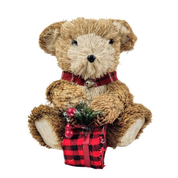 Urso Palha Presente Sentado Natal Decoração 18x16x17cm - 1