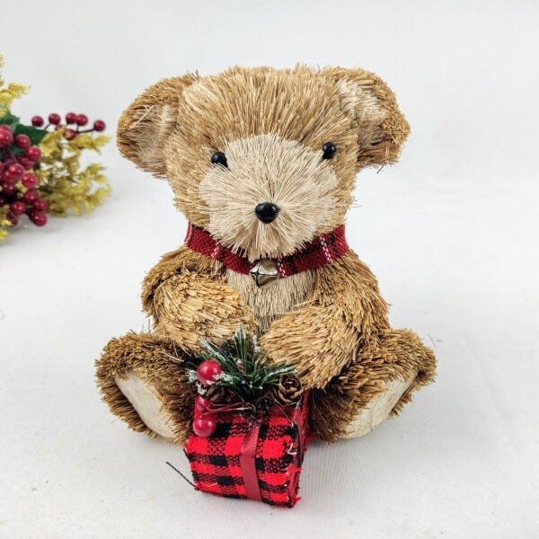 Urso Palha Presente Sentado Natal Decoração 18x16x17cm - 5