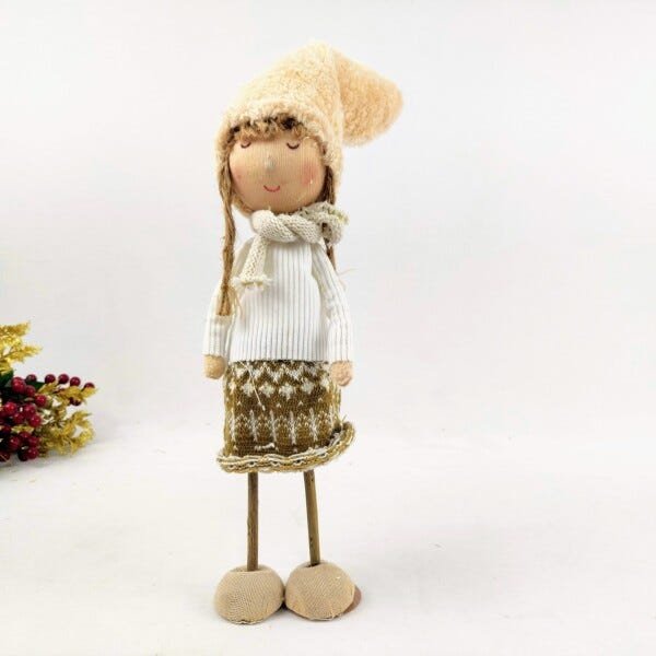 Menina Gorro Escandinavo Bege Decoração Natal 38x10x22cm - 6