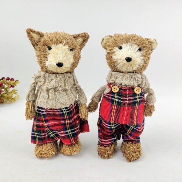 Urso Casal Palha Bege Xadrez Decoração Natal 22x11x8cm 2pc - 2