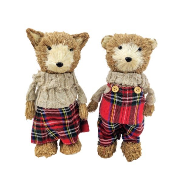 Urso Casal Palha Bege Xadrez Decoração Natal 22x11x8cm 2pc - 1