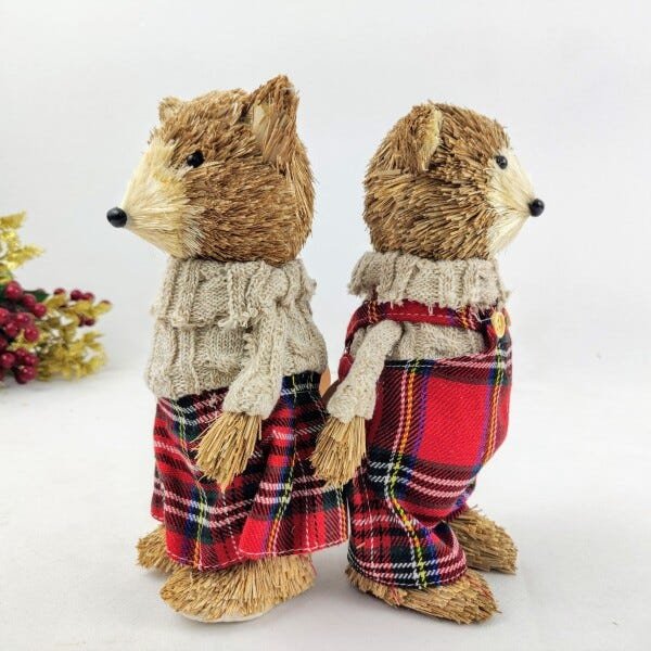 Urso Casal Palha Bege Xadrez Decoração Natal 22x11x8cm 2pc - 5