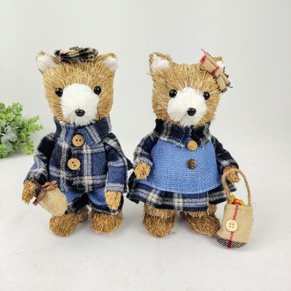 Urso Casal Pinha Palha Tecido Azul Enfeite Natal 23cm 2pc - 2