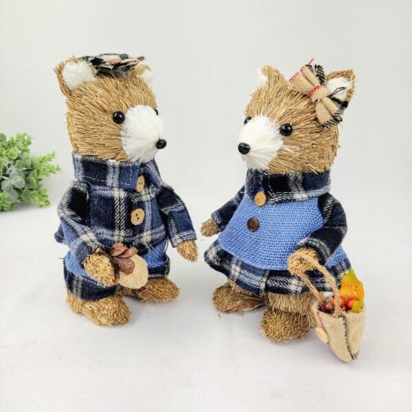 Urso Casal Pinha Palha Tecido Azul Enfeite Natal 23cm 2pc - 6
