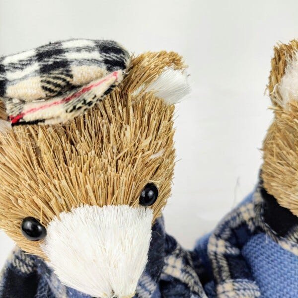 Urso Casal Pinha Palha Tecido Azul Enfeite Natal 23cm 2pc - 3