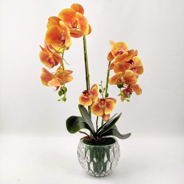 Arranjo Orquidea Planta Artificial 50x33cm Laranja Com Vaso - 2