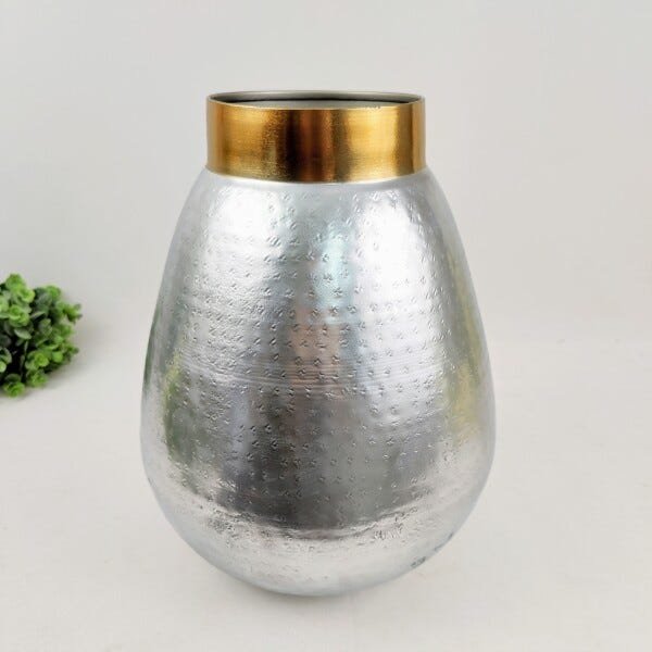Vaso Metal Prata e Dourado Decoração Martelado 35x28cm - 5