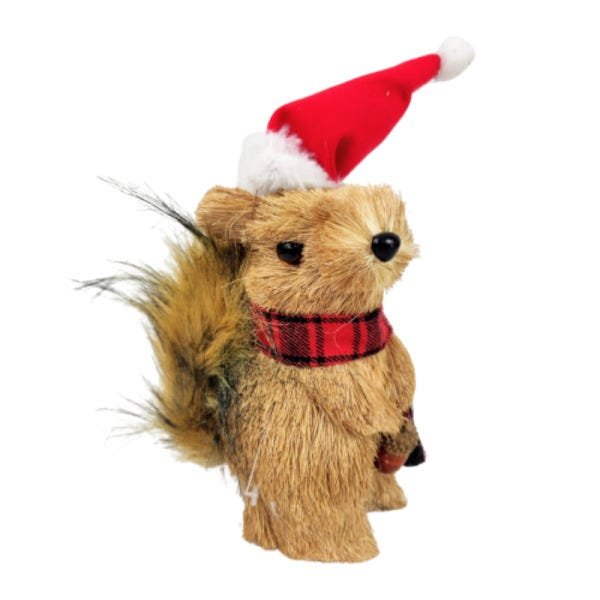 Esquilo Palha Pelúcia Gorro Enfeite Decor Natal 16x9x11cm P - 1