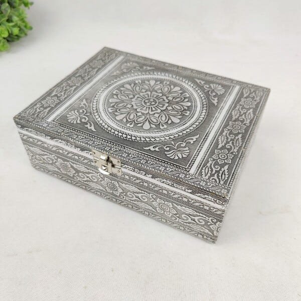 Caixa Decorativa Prata Floral Decoração Enfeite 7x22x17cm - 6