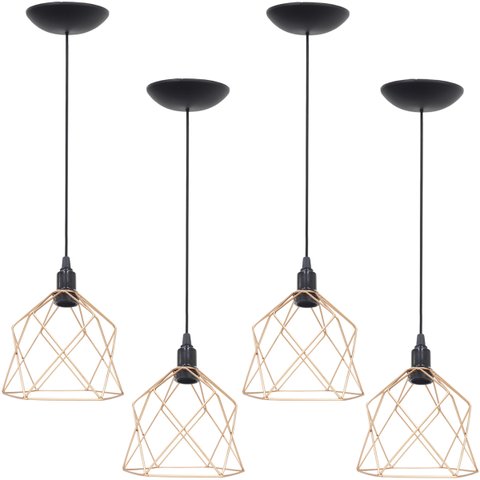 4 Pendentes Aramado Cálice Luminária Lustre Teto Retrô Vintage Industrial Balcão Cobre Rose