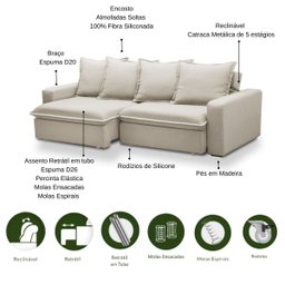 Sofá 3 Lugares Retrátil e Reclinável 195cm com Molas Ensacadas Erick - Veludo Bege - 6
