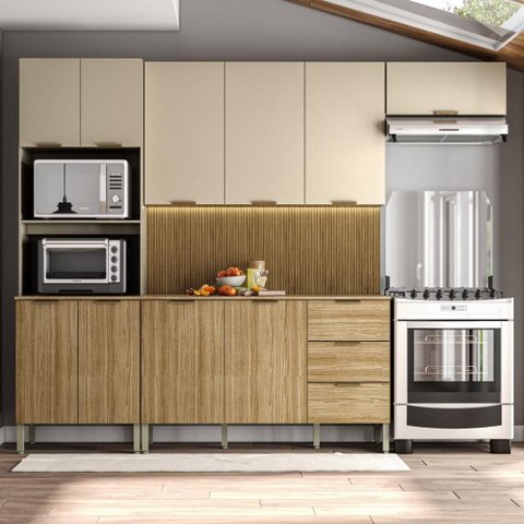 Armário de Cozinha Completa com Balcão com Tampo 10 Portas Dubai - Freijó/vanilla/com Ripado