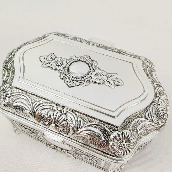 Porta Joia Metal Prata 5x10x6cm Floral Enfeite Decorativo - 4
