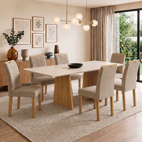 Conjunto Sala de Jantar 6 Lugares Retangular Tampo MDF 160x80cm Mesa Lyra e Cadeiras Carol