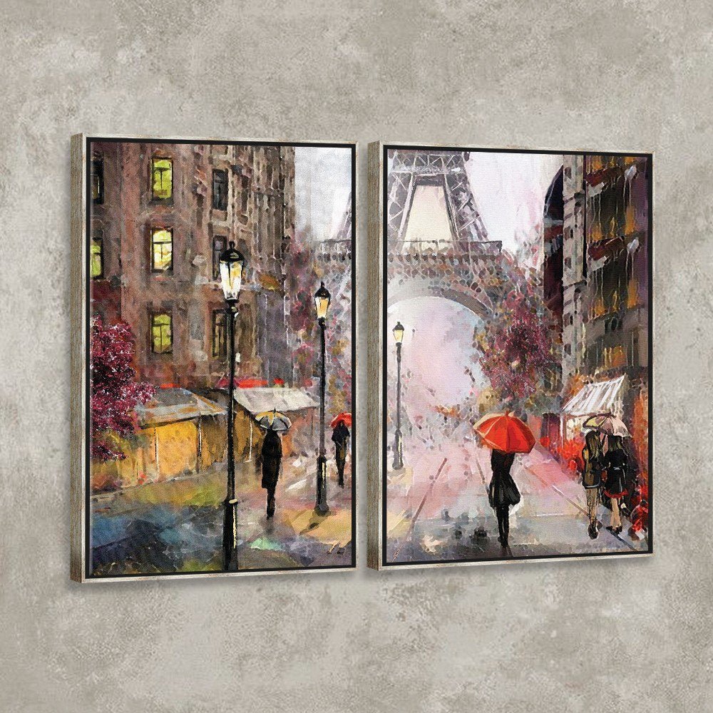 Kit 2 Telas Canvas com Moldura Paris Torre Eiffel Pintura Abstrata Metalizado - Médio - 2