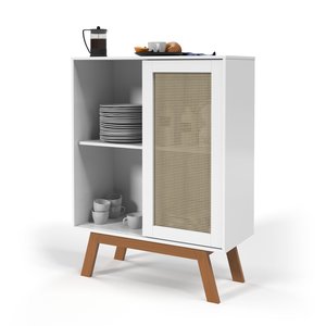 Aparador Buffet Porta de Correr Rattan Pés em Madeira Branco