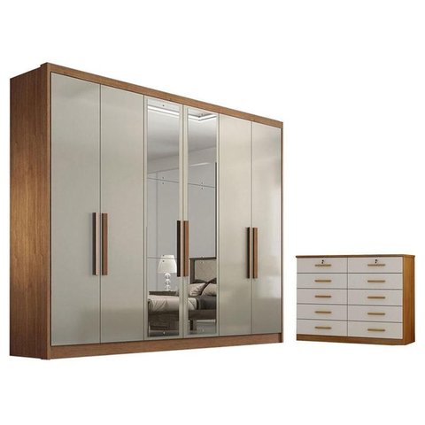 Guarda Roupa Casal Linea com Espelho e Nicho e Gaveteiro Milão com Chave Cumaru 25 Fendi - Novo Hori