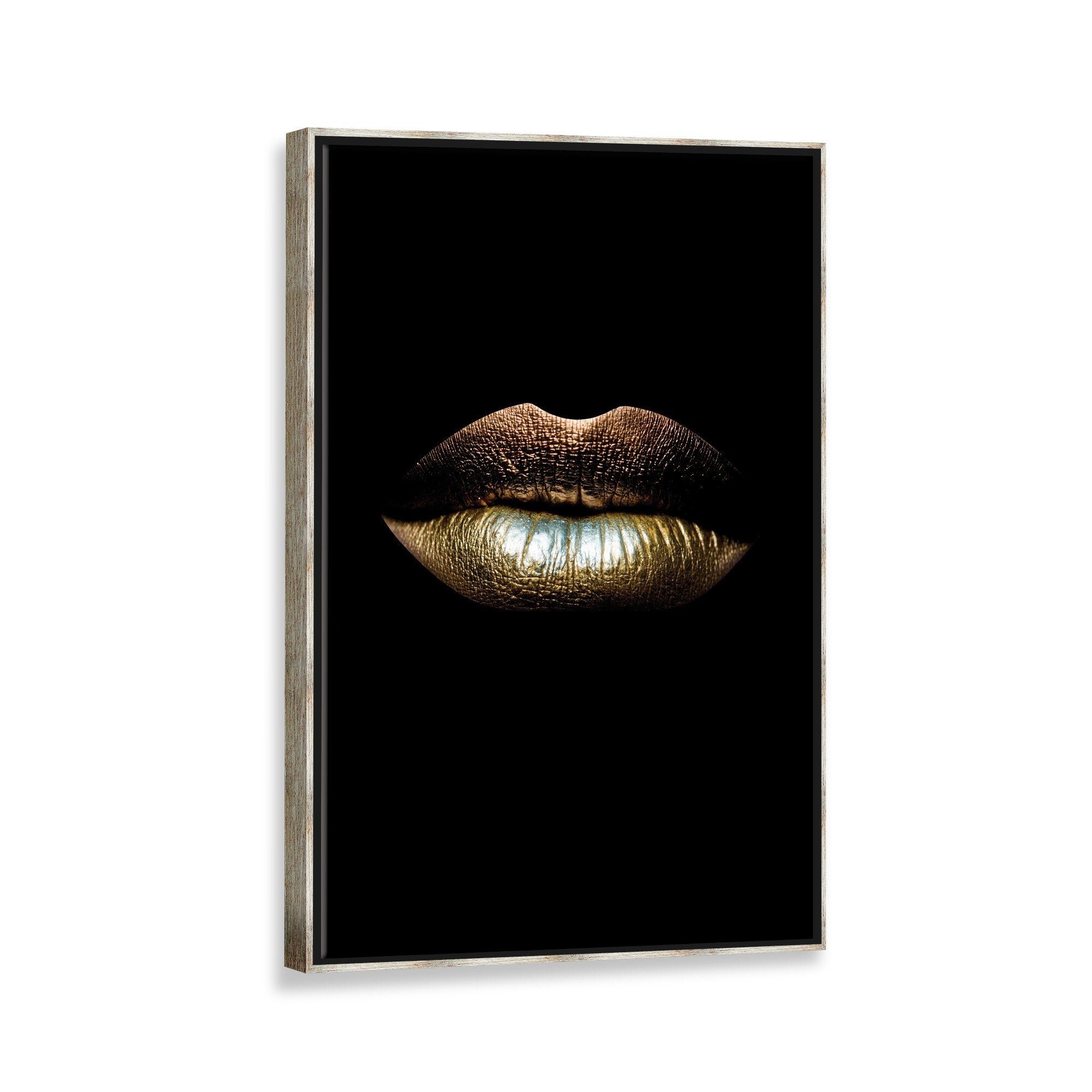 Tela Canvas com Moldura Lábios Gold Metalizado - Grande - 1