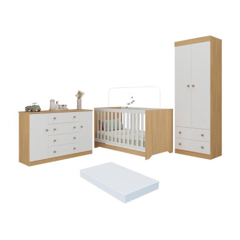 Quarto de Bebê Completo Berço Americano 3 em 1 Colchão Encanto Multimóveis Mp4609 Madeirado/