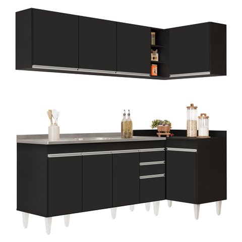 Armário de Cozinha Modulado de Canto Esquerdo 4 Peças Cp51 com Pia Inox Preto - Lumil Lumil Móveis