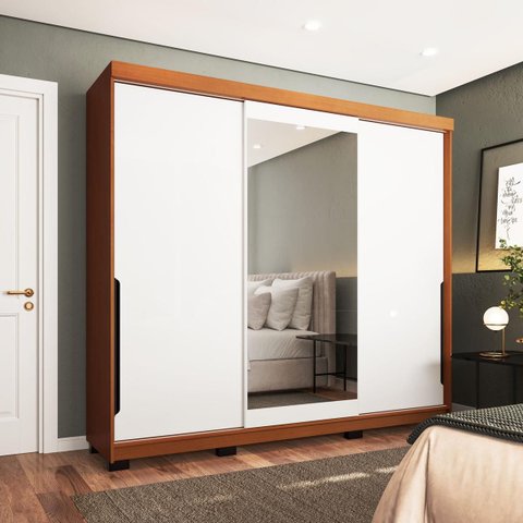 Roupeiro Madri 3 Portas de Correr com Espelho 217x213cm Branco/Freijó 250831