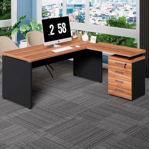 Mesa em L com Gaveteiro Organizador 4 Gavetas MDP 150cm Nogal com Preto F5 Office